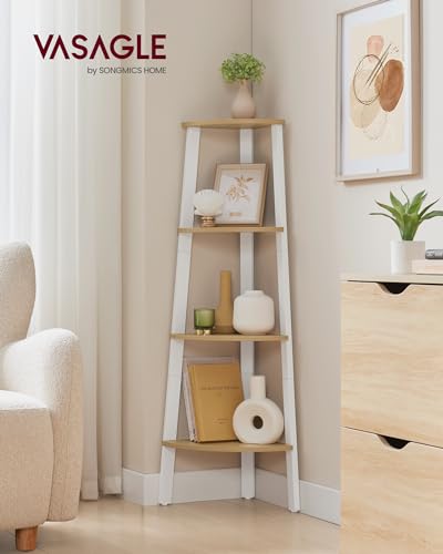 VASAGLE Eckregal, Bücherregal mit 4 Ebenen, Leiterregal, Aufbewahrungsregal, Pflanzenregal für Wohnzimmer, Industrial-Design, mit Stahlrahmen, natureichenfarben-mattweiß LLS034Y70