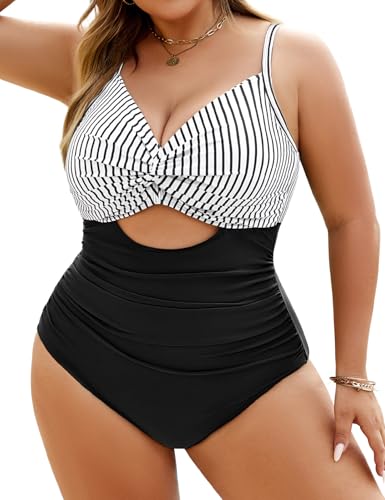heekpek Bañador Mujer Talla Grande Bañadores Mujer Reductores Cuello en V Trajes de Baño Una Pieza Vientre Plano Bañadores Vintage Bañador Push Up con Relleno, Raya Blanca y Negra, M