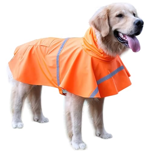 NACOCO Large Dog Raincoat Adjustable Pet Water Proof Clothes Lightweight Rain Jacket Poncho Hoodies with Strip Reflective (XXL, Orange)