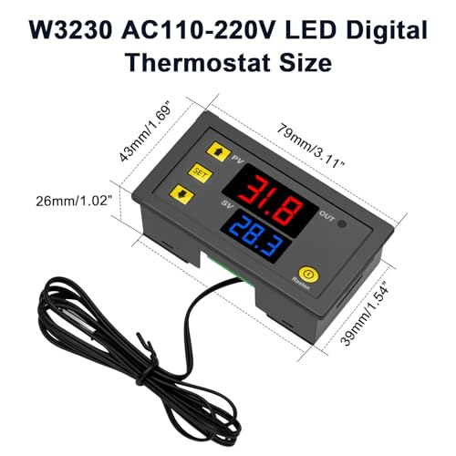 QIQIAZI W3230 Digitaler Temperaturregler 110V-220V AC, Temperaturschalter LED-Display Thermostat-Schalter mit NTC 10K-Sensor, Temperaturbereich -50℃ bis 110℃（2 Stück ）