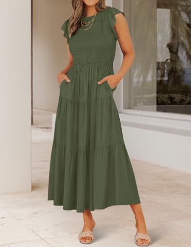 Image of ZESICA Women's 2026 Summer Casual Flutter Short Sleeve Smocked Midi Dress