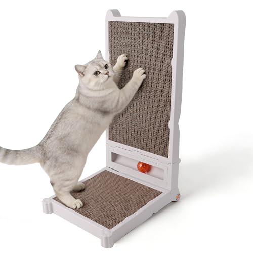 Foldable L-Shaped Cat Scratcher with Ball Track Toy, No Assembly Cat Scratch Pad with 4 Shapes, Reversible & Replaceable Cardboard Scratching Board for Indoor Cats