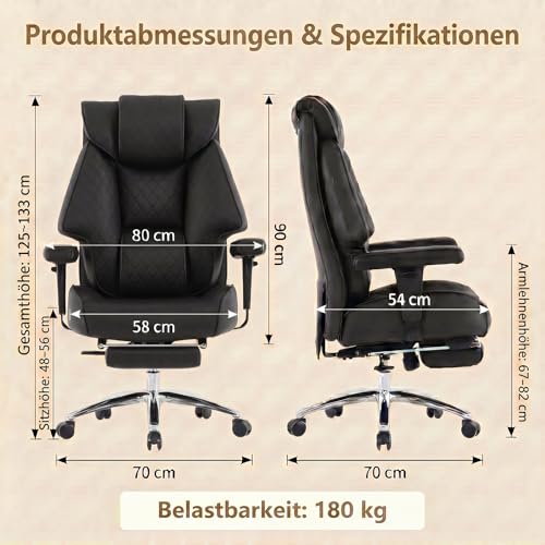 EXCEBET XXL Chefsessel bis 180kg Belastbar, Ergonomischer Bürostuhl mit Taschenfederkern, Breiter Drehstuhl für Schneidersitz… – Ansicht 2