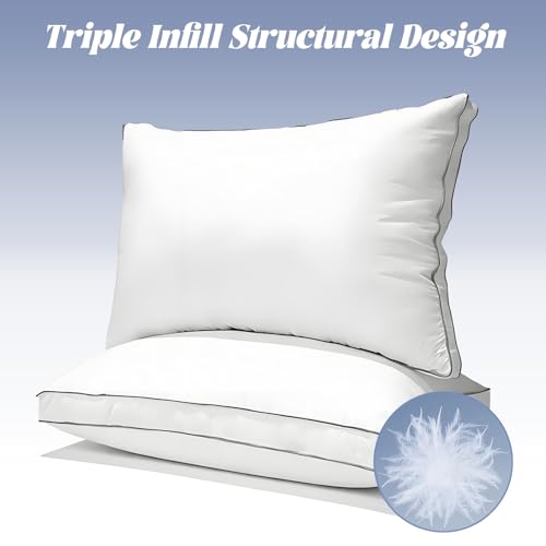 NightHug Goose Feather Down Fiber Pillow Queen Size - Luxury Hotel Quality Pillows with 3-Layer Design - 2 Pack Soft Medium Shredded Memory Foam for Side, Back Sleepers,White(20" x 28") by NightHug - Image 3