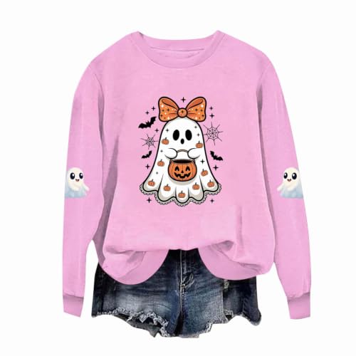 Girls Bow Ghost Pumpkin Bucket Spider Web Halloween Crewneck Sweatshirt - image 6