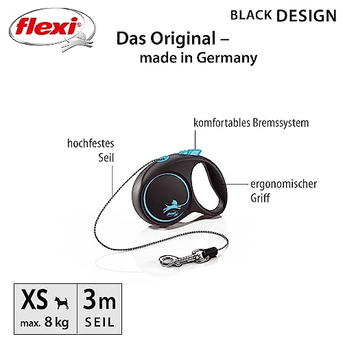 flexi® Black Design XS Seil 3 m schwarz/blau, Roll-Leine für Hunde bis 8 kg