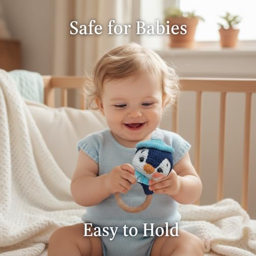 Image of Crochet Baby Teether Combo Penguin - Soft Handmade Cotton Rattle Toy with Wooden Ring for Infants - Penguin 1 PCS