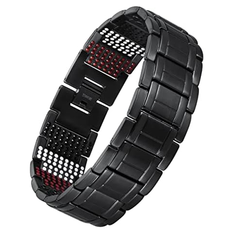 USWEL Strengthen Titanium/Copper Magnetic Bracelet –Mens Bracelet with Black PVD Coating 613pcs Minerals Magnetic Bracelet(Black) Cover