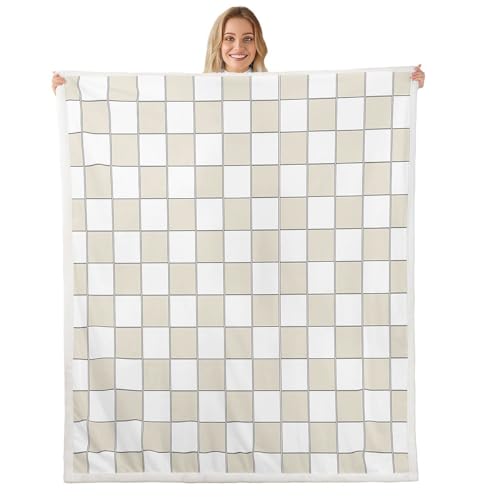 Image of Erosebridal Plaid Fleece Blanket Queen 90 inchx90 inch Beige White Checkerboard Sherpa Blanket Geometric Checkered Fuzzy Plush Throw for Kids Boys Girls,Aesthetic Grids Decor for Bed Couch