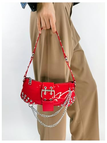 QWINEE Women's Studded Shoulder Bag Y2k Chain Clutch Purses Vintage Buckle Leather Underarm Bag2