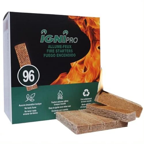 Ignipro - Fire Starters Sticks 96 pcs. Clean, Efficient, Ecologic, Odourless, Waterproof. Great for Camping, firestoves, BBQ, Charcoal. Easy to Ignite. Non Toxic. Made from Recycle Wood and Wax (96)