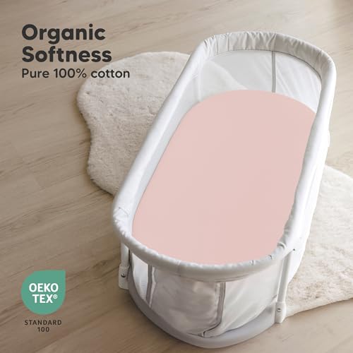 Image of 2-Pack Organic Bassinet Sheets for Girls, Boys - 100% Cotton Bassinet Mattress Sheets Compatible with Halo Bassinest Swivel Sleeper, Graco, Baby Delight, Chicco, Unisex Fitted Bassinet Sheets (Rose)