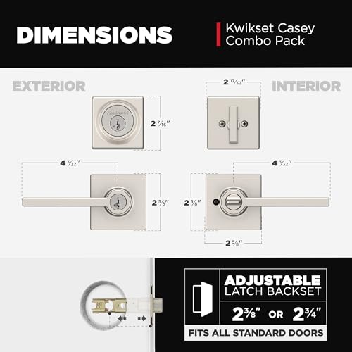 Image of Kwikset Casey Front Door Lock Handle and Deadbolt Set, Satin Nickel | Square Keyed Entry, Single Cylinder Combo Pack, Pick Resistant, SmartKey Rekey Deadbolt Security