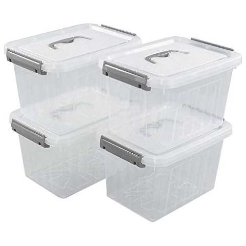 Hespapa 6 Quart Storage Bin, Plastic Latching Box/Container with Clear Lid, Grey Handle and Latches, 4 Packs Cover
