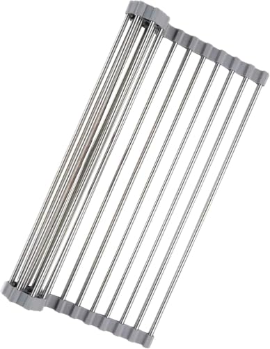 Katlanabilir Evye Üstü Bulaşık Kurutmalık Süzgeç 47x29 cm - Paslanmaz Çelik & Isıya Dayanıklı Silikon Rulo Bulaşık Rafı, Meyve Sebze Yıkama Süzgeci, Gri