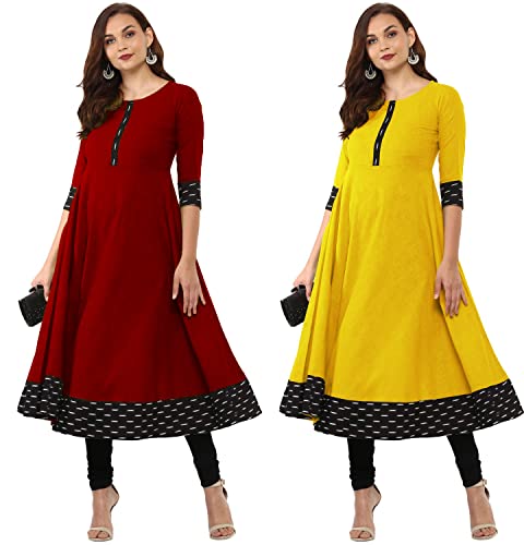 Image of NATEK Plain Cotton Brand Anarkali Gowns Dress for Girls Women - Combo Sets of 2 Maroon, Yellow Colour Large Size
