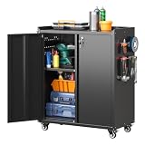 LOCENHU Armario de herramientas con ruedas y asa, con estantes ajustables, con placa perforada y 4 ganchos, 80 x 66 x 35 cm, armario de acero con cerradura, adecuado para garaje, sótano y oficina