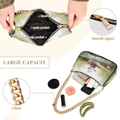 Shoulder Bags for Women Pig with Pink Flowers in Creek Hobo Tote Handbag Small Clutch Purse with Zipper Closure4