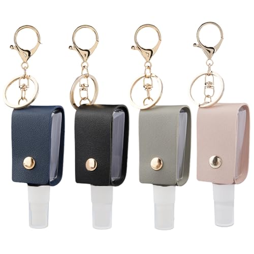 CALFOVERA 4 Farben Reise Flaschen Schlüsselanhänger Aus PU Leder Handdesinfektionsmittel Halter Schlüsselring 30 ml Tragbarer Kleiner Nachfüllbarer Handdesinfektionsmittel Behälter Schlüsselanhänger