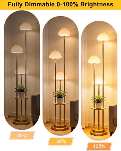 Image of Lightdot Gold Dimmable Floor Lamp with Table, Modern Floor Lamps with Mushroom Shades & Bulbs, 3000K Warm Lights Tall Standing Lamp for Living Room /Bedroom /Office /Sofa Beside /Corner Decor
