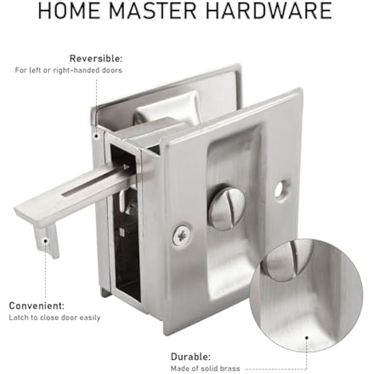 HOME MASTER HARDWARE Privacy Pocket Door Lock Hardware with Pull Replace Old Sliding Door Locks/Solid Brass Pocket Door Privacy Lock 2-3/4x2-1/2, for 1-3/8 Thickness Door, Brushed Nickel -1 Pack