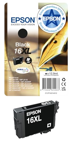 Epson 16XL Stylo Plume Noir, Cartouche d'encre d'origine XL Haute capacité, WF-2010W WF-2510WF WF-2520NF WF-2530WF WF-2540WF WF-2630WF WF-2650DWF WF-2750DWF...