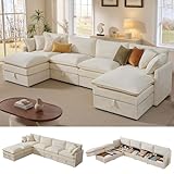 Ihanherry 135” Modular Sectional Sofa with Storage, U Shaped Cloud Couch with Movable Ottomans & 4 Pillows, Chenille Deep Seat Sectional Couches for Living Room, Apartment (Beige)