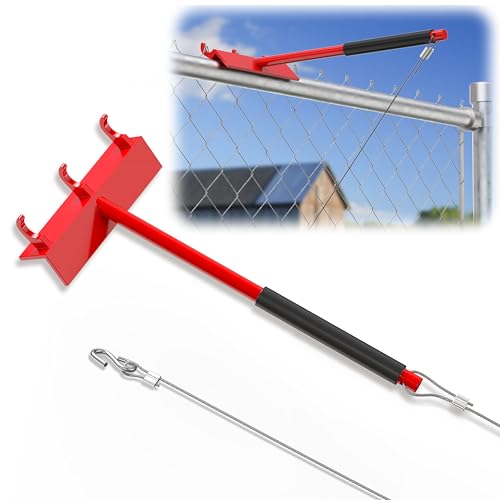 Chain Link Fence Top Rail Tensioner Tool, Heavy-Duty Steel Stretcher with 3 Hooks & 28" Cable Hook, 300 lbs Pull Capacity, Easy One-Person Installation, Red, 1PC