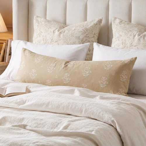 SageSelvas Farmhouse Decorative Throw Pillow Cover 14X36, Cream Accent Lumbar Throw Pillow for Bed, Floral Neutral Beige Cotton Pillowcase for Couch Sofa Living Room, 1PC