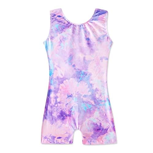 HOZIY Gymnastics Leotards with Shorts for Girls Toddlers Kids Biketard Tumbling Outfits Sparkle Unicorn Leopard Galaxy 7-8 Years Purple Tie Dye