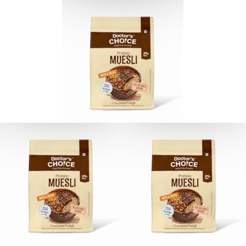 Image of DC DOCTORS CHOICE High Protein Multigrain Muesli - 22 G Protein,No Maida,No Palm Oil,Jaggery Sweetened Fiber-Rich,Preservative-Free,Healthy Crunchy Treat(375 G,Dark Choco Berry Muesli) (Pack of 3)