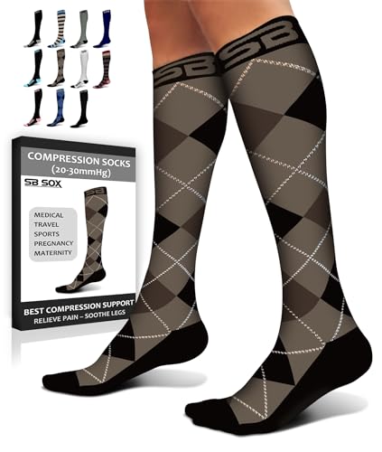 SB SOX Compression Socks for Men & Women (20-30 mmHg) - Best Support Stockings for Travel, Medical, and Sports - Perfect for Everyday Wear (Large, Dress-Black Argyle)