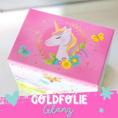 Giggle & Honey® Spieluhr Mädchen & Einhorn Schmuckkästchen mit 2 Schubladen – Geschenkideen Mädchen 3 4 5 6 7 8 9 Jahre – Einhorn Geschenk Box Groß