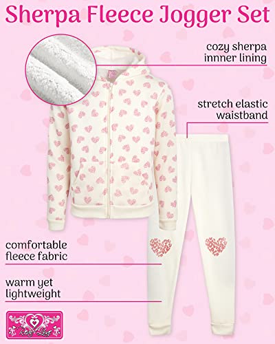 Real Love Girls’ Fleece Jogger Set – 2 Piece Sherpa Full- Zip Hooded Sweatshirt And Jogger Sweatpants (Size: 4-16), Size 10-12, Oatmeal Heart #TOP1