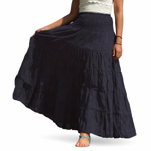 Image of Lanna Chic Maxi Cotton Skirts * Premium Crinkled Cotton * Long Flared Tiered * Black * M