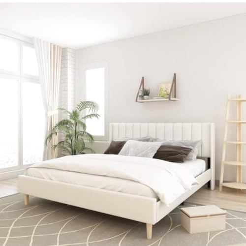 Image of Low Profile Upholstered Platform Bed with Winback Headboard | Bed King Size | Bed Without Storage | Upholstered Beds King Size | Mattress not Included | Finish Color:- Cream