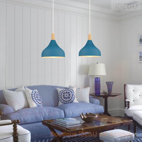 Miniatura 5 de Idegu 2 Piezas Lámpara Colgante Moderna, Retro Led Lámpara De Techo Madera Metal Estilo Nordico Iluminación E27 Luz De Techo Interior Para Comedor Salon Dormitorio, 20cm Azul Oxford
