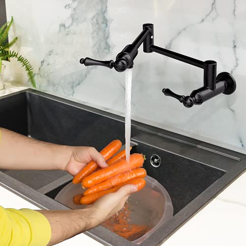 Jzbrain Pot Filler Faucet For Kitchen Wall Mount Pot Filler Stainless Steel Kitchen Sink Stove Folding Faucet Single Hole With Double Joint Swing Arm 2 Handles To Control Water (Black) #TOP6