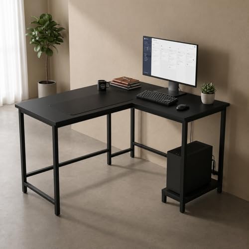 Image of L Shaped Computer Desk for Home Office | Multi-Purpose Study Table & Gaming | Engineered Wood Corner Workstation for Laptop & PC | Space Saving Desk | Black | 130X50X75cm