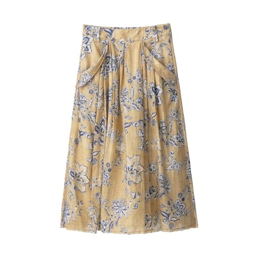 Women's Flowy Ramie Floral Print Mid Rise Midi Skirt with Pockets, Side Zipper & Frayed Hem A-Line Style