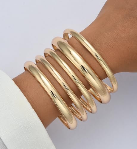 Image of Chunky Gold Bangle Bracelets for Women, Dainty 14k Gold Plated Big Stackable Bangles Set, Trendy Statement Cuff Bracelet Stack Fashion Jewelry Gifts