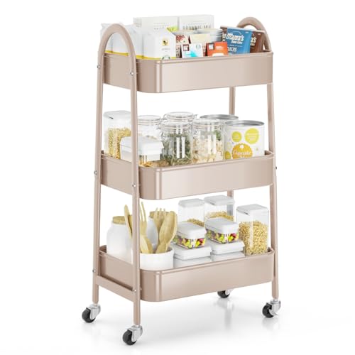 Image of EAGMAK 3 Tier Rolling Cart, Large Metal Storage Cart with Handle and Lockable Wheels, Big Multifunctional Storage Organizer Trolley with Mesh Baskets for Kitchen, Living Room, Office, Garage (Beige)