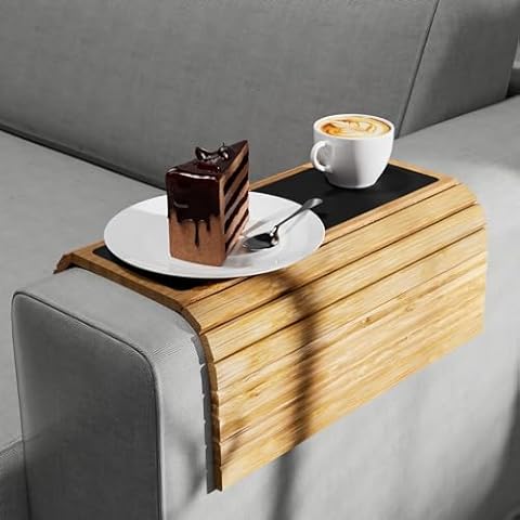 Semounva Bamboo Sofa Armrest Tray, Armchair Table Sofa Arm Tray, Bamboo Design Couch Arm Table Caddy for Snacks, Drinks, Remote, Cups, Flexible and Foldable Tray Cover
