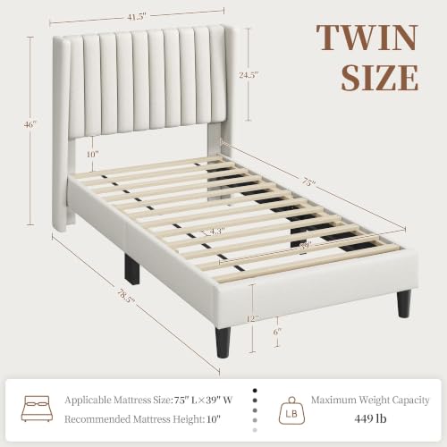 Image of Yaheetech Twin Bed Frame with Headboard,Ivory Channel-Tufted Platform