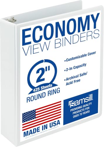 Samsill 2 Inch 3 Ring Binder, Made in USA, Economy Round Ring, Clear View Cover, 425 Sheet Capacity - for School, Home, Office - White (Pack of 12)