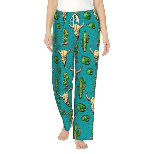 Pantalon pyjama flanelle femme pour soirées cocooning, bas de nuit imprimé cactus avec cordon