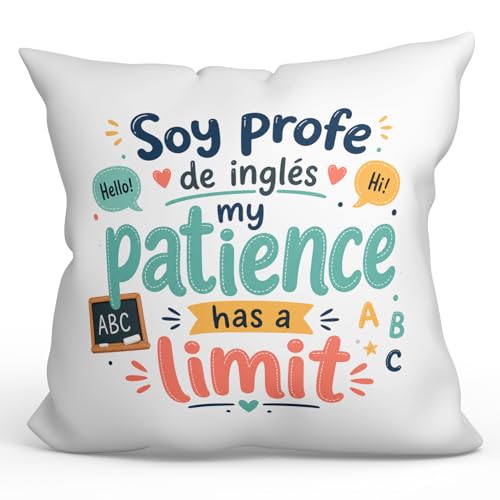 MUGFFINS Cojín con Relleno Regalo Profesora inglés | cojín profe con Frase Soy profe de inglés my Patience has a Limit en Español | Detalle Divertido para docentes | 40x40cm | Infantil v6