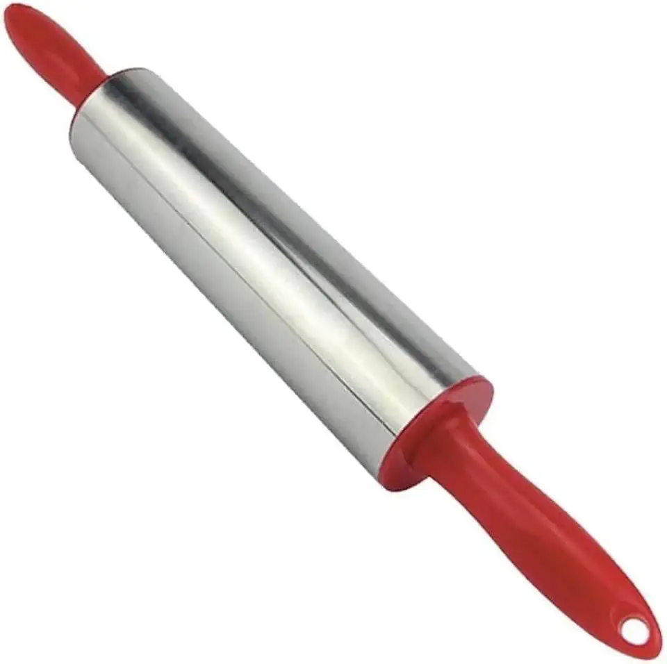 Rolo para Abrir Massas Aço Inox Antiaderente Giratorio para Pizza Pao Pastel Macarrao e Confeitaria 37cm (Vermelho)