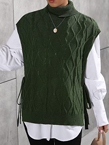 Sweatyrocks Women's Sleeveless Turtle Neck Cable Knit Sweater Vest Casual Tie Side Split Hem Tank Top Army Green S #TOP2