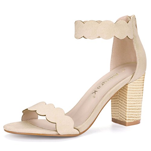 Allegra K Women's Open Toe Scalloped Beige Ankle Strap Block Heel Sandals - 10.5 M US